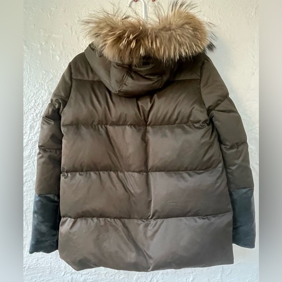 Sandro Marcie Down Puffer Jacket, Lamb Fur Hood, Leather Sleeves; size 3 / L - Picture 7 of 7